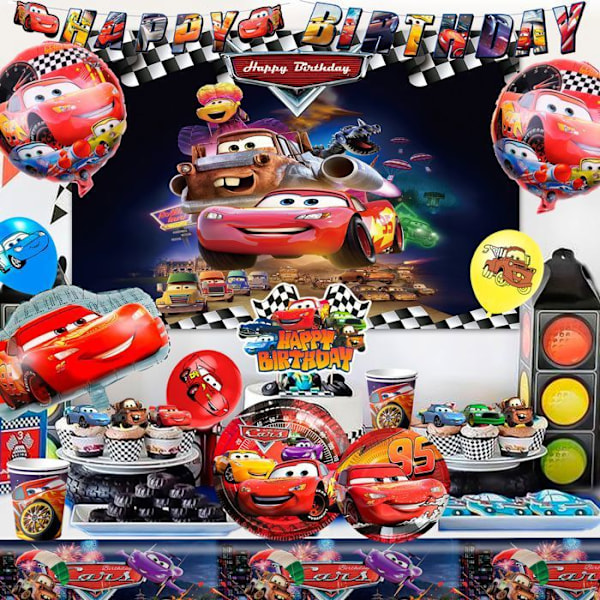 Festdekorationer med Lightning McQueen, Födelsedagsdekorationer Bilar, Set med Engångsartiklar för Födelsedagsfest Bilar Färgglad tallrik