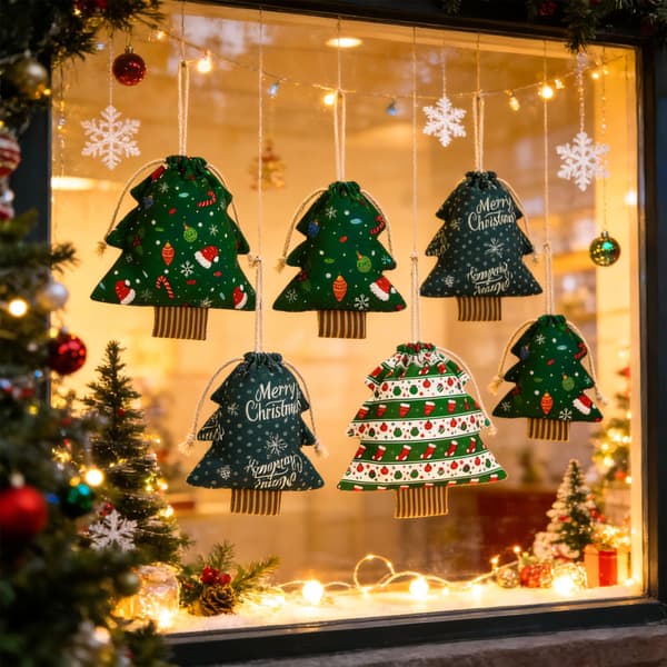 2-delt juletræsformet gavepose med snoretræk, slikpose, stofopbevaringspose, gaveindpakningspose til julefest, stil 3 stye 3