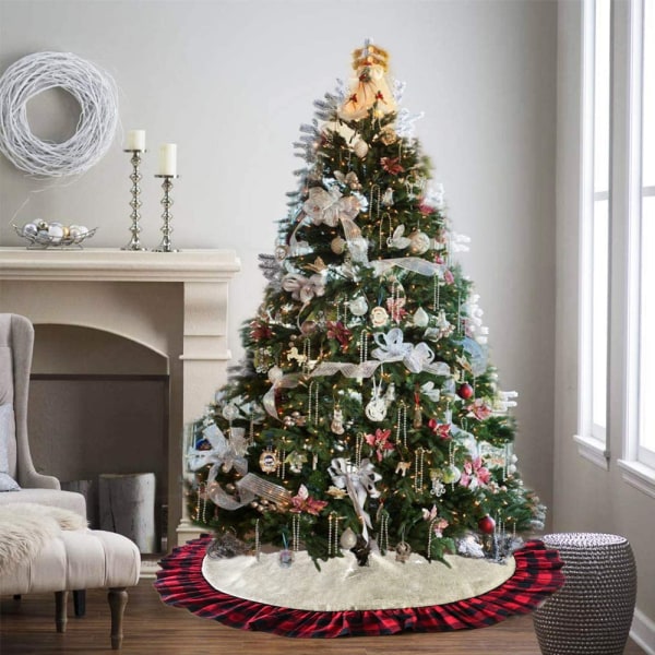 48 Inch Christmas Tree Skirt Linen Burlap Buffalo Plaid Edge