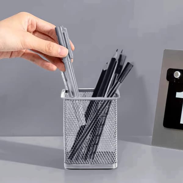 1 st (Silver-Square) Penna hållare Mesh skrivbordsorganisatör Penna H