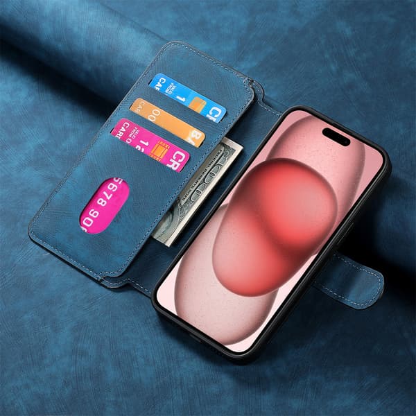 Magnetisk avtakbart flip-telefondeksel med RFID-beskyttelse, multifunksjonell kortholder og stativ; kompatibel med iPhone 11 Pro Max blue
