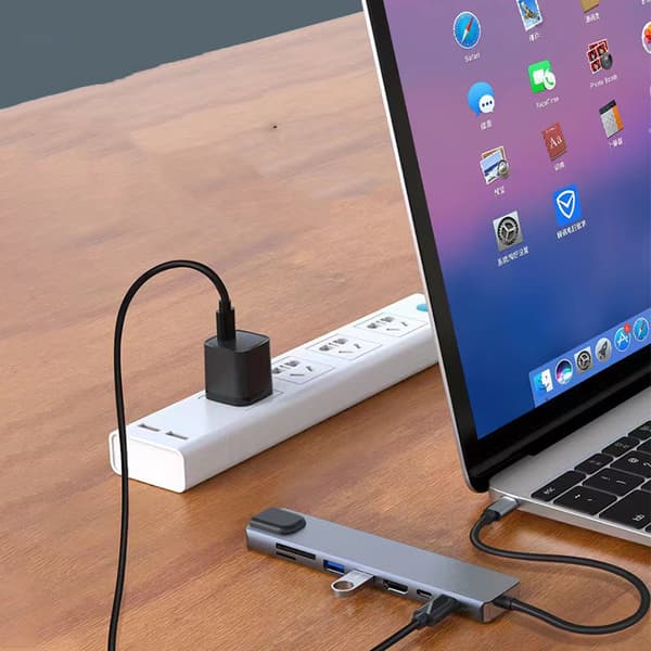 INF 8-Port USB-C Hub med USB, USB PD, HDMI, RJ45 og Minnekort – Grå
