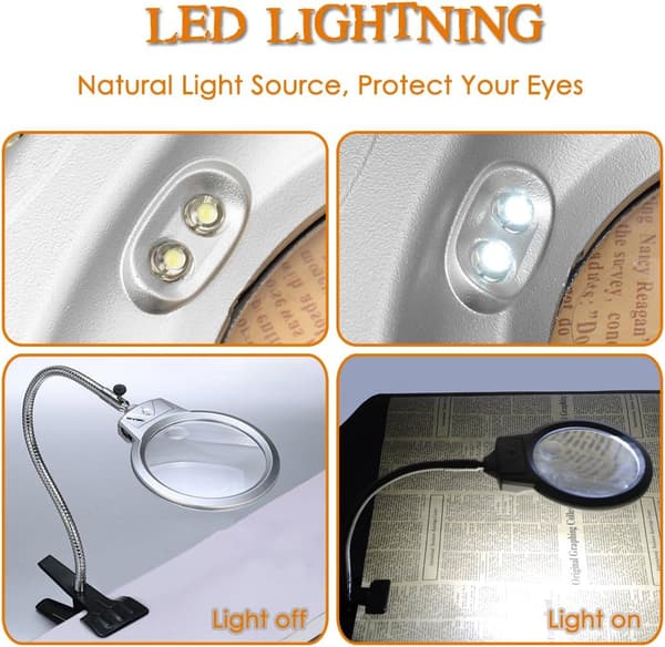 2,5 x 10 x Fleksibel Metall Bordlupe Lampe med Klemme og 2 LED