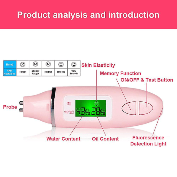 Digital huddetektorpenna med LCD-skärm Bärbar hudanalysator Vattenoljetestare fuktanalysmaskin (färg: rosa)