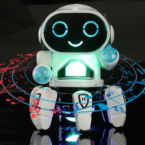 Musikk og dansende hexapod-robot, LED-øyne, med diskolys og dansemusikk, universalhjul, interaktiv og lærerik, egnet for gutter og