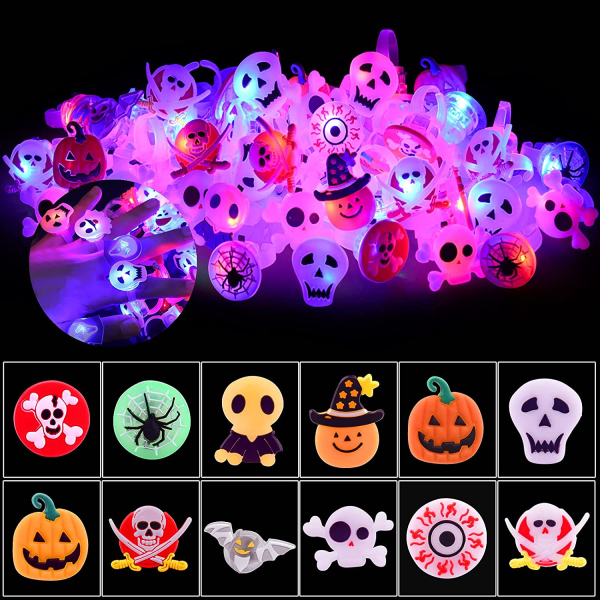 50 förpackningar Halloween LED Light Up Ringar för barn, Glow in The