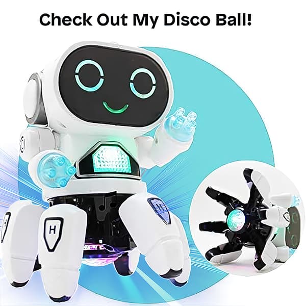 Musikk og dansende hexapod-robot, LED-øyne, med diskolys og dansemusikk, universalhjul, interaktiv og lærerik, egnet for gutter og