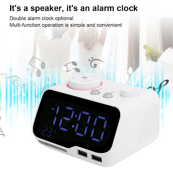 Digital väckarklocka med dubbla alarm, justerbar ljusstyrka, FM-radio, insomningstimer, USB-laddning, termometerdisplay för sovrum och vardagsrum