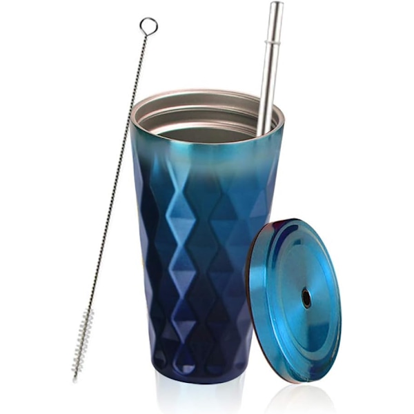 Drickmugg med sugrör rostfritt stål termisk kaffemugg för att ta med 500ml kaffekoppar för kvinnor, flickor och män