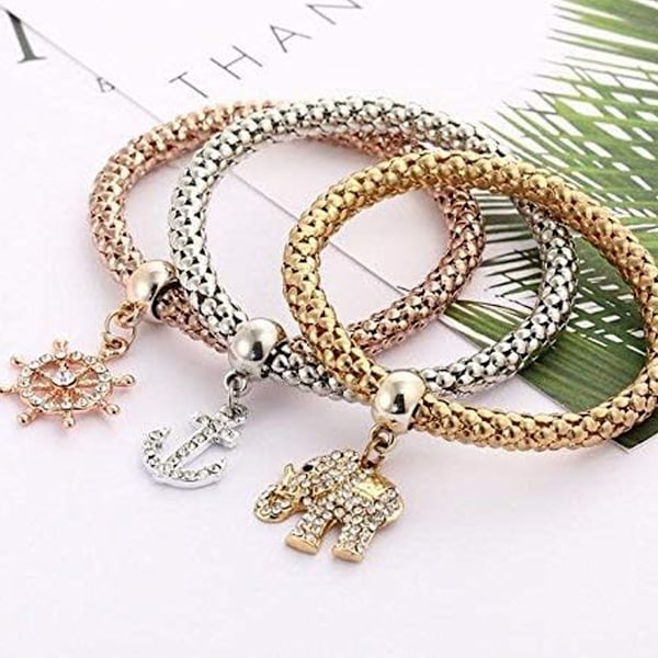 Flerlagrat Armband - 3 st Guld/Silver/Roséguld Majskedja Damarmband, Hjärtformat Stretcharmband Style 3