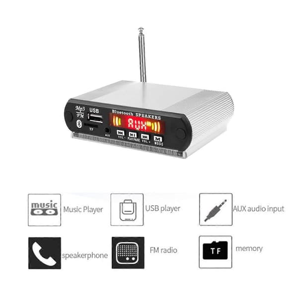 Bluetooth MP3-spiller dekoderkort FM-radio, USB, TF, trådløs lyd og håndfri samtale, fjernkontroll sølv