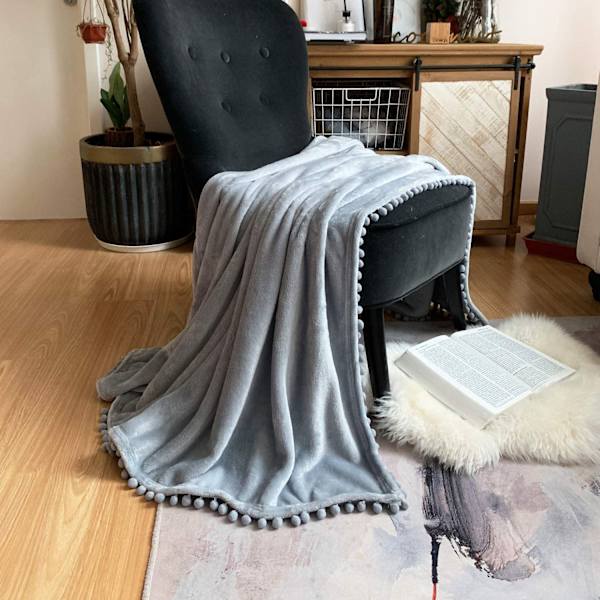 Flannel tæppe, pomponer, hyggeligt tæppe, sofatæpper - fleecetæppe til sofa, blødt og varmt tæppe, fluffy, som et sofabetræk, sofatæppe