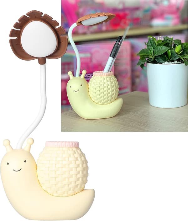 LED-bordlampe med pennholder, tegneseriefigur, snegl, multifunksjonell