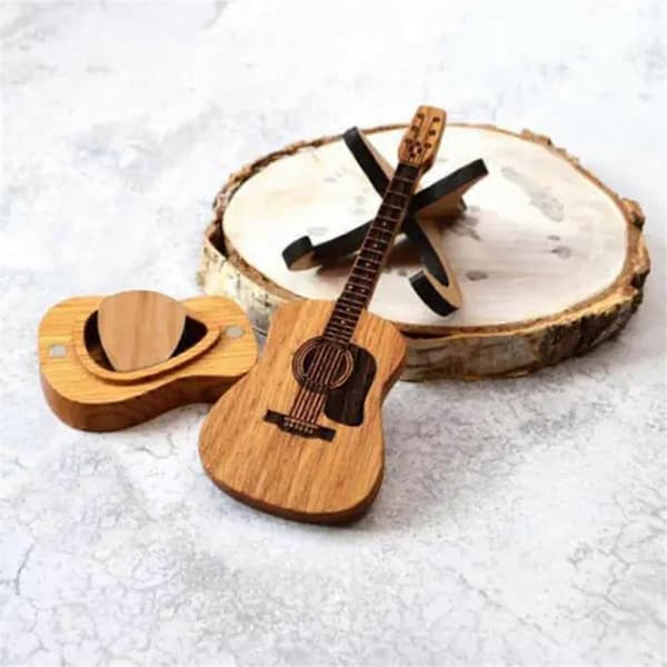 Trägitarrplockhållare med 3 unika gitarrplock, gitarrformad gitarrplocklåda, gitarrtillbehör