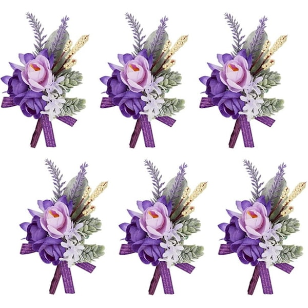 Lila boutonniere för män bröllop, set om 6, brudgum och best
