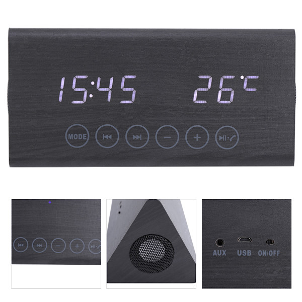 Träväckarklocka Bluetooth Trä Högtalare Temperatur/Tid