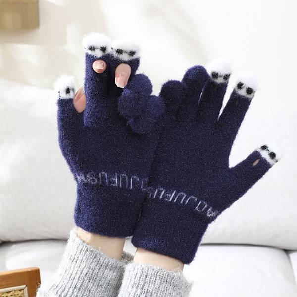 Söta Ullstickade Handskar, Mode Dam Varma Handskar, Ull Touchscreen-Handskar Navy blue