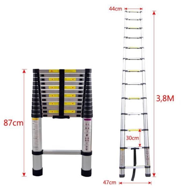 UISEBRT teleskopstege 3,8M, multifunktionsförlängbar teleskopstege i aluminium, maxlast 150 kg, silver