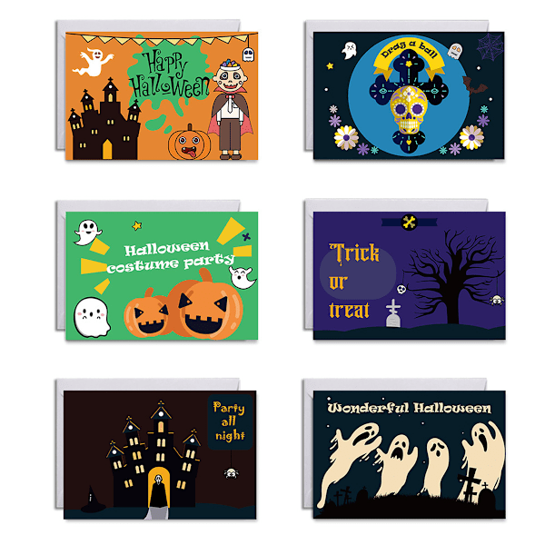 6-pack Halloweenkort, blandade, roliga Halloween-gratulationskort, med läskiga spöken, fladdermöss och pumpamotiv Style 1