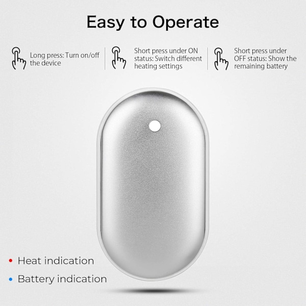 Uppladdningsbar Handvärmare, 5200mA Återanvändbar Elektrisk USB Handvärmare/Powerbank, för Raynauds, Utomhus, Vinter - Silver Silver