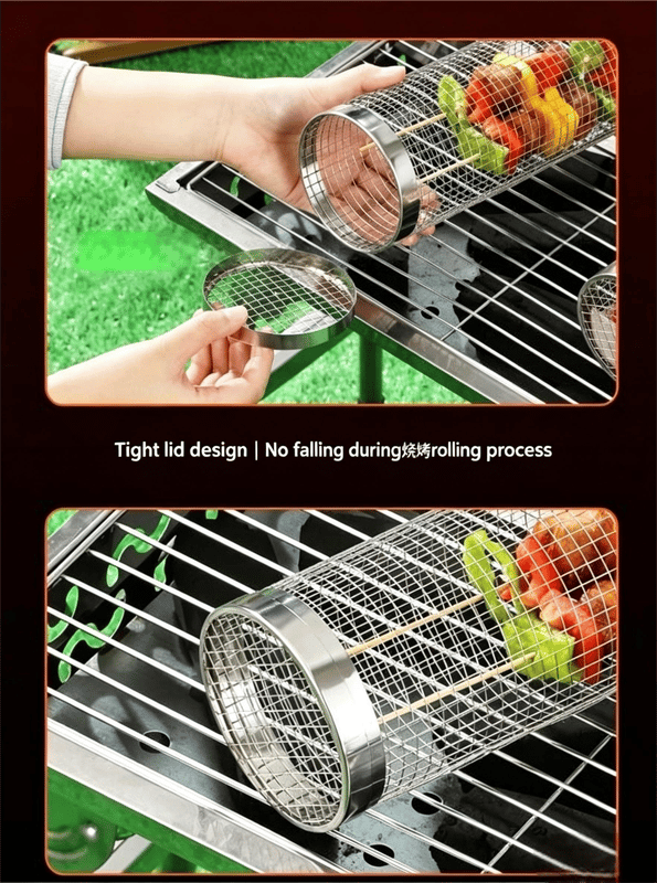 Cylindrisk grillkorg i rostfritt stål | Utomhusgrillställ | Roterande köttgrill