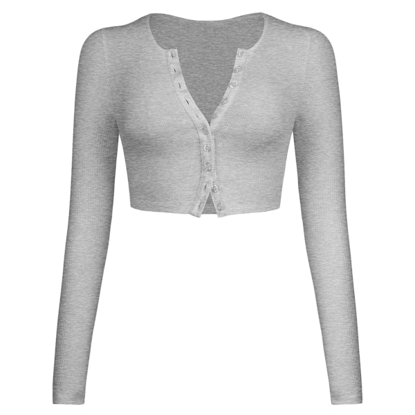 Dam Croppad Långärmad Stickad Kofta V-ringad Knapp, För Klänning Jeans, Grå XL
