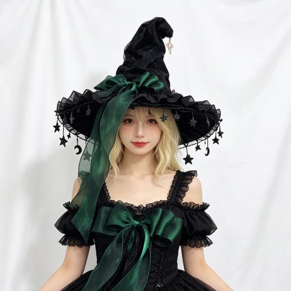 Halloween häxhatt med bred brättad spets, lämplig för semesterfester, kostymfester, maskeradfester, rollspel, etc. grön green