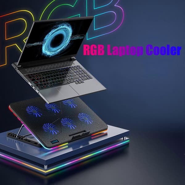 F5 RGB Laptopkøler 12-17 Tommer 6 Blæsere Dobbelt USB-interface Laptopstativ Lydløs Køleblæser (Symphony Edition)