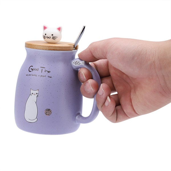 1 st härlig kattkeramisk kopp med sked och lock  kaffevatten