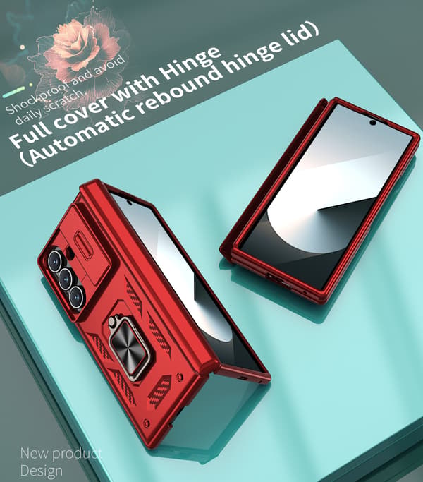 Kameradeksel med pop-up og ringstativ til Samsung Galaxy Z Fold 5 Red