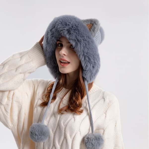 Vintermössor Söt Stickad Mössa Rysk Päls Virkad Mössa Slouchy Beanies med Pom Pom Varm Luddig Snömössa Trappermössa för Kvinnor grey