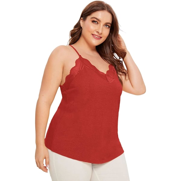 Dam Plus V-ringad Ärmlös Spetskant Spaghettiband Camisole Cami Linne Light Red XX-Large Plus