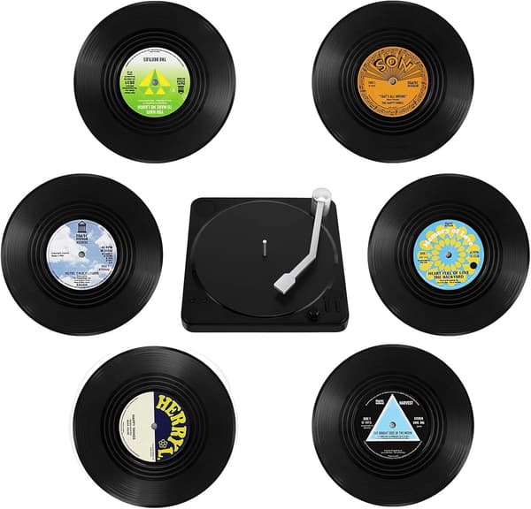 10,5 x 10,5 x 0,2 cm, (M2) Vinyl coasters, sett med 6 CD Retro Coasters