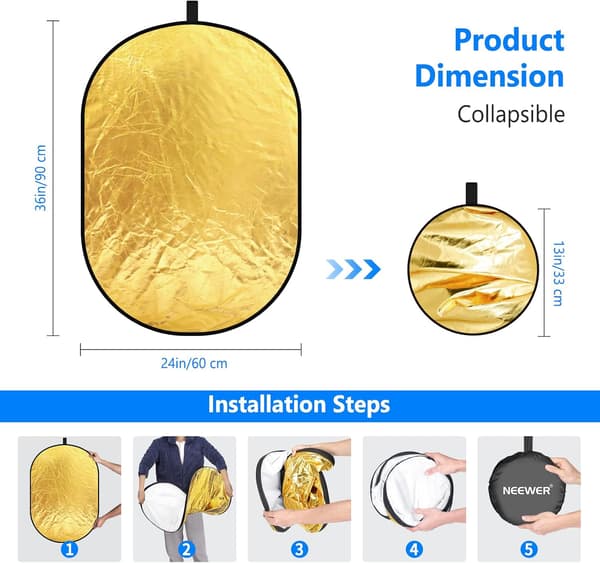 5 i 1 Sammenfoldelig Lysreflektor 60x90cm 24x36inch Guld Sølv S