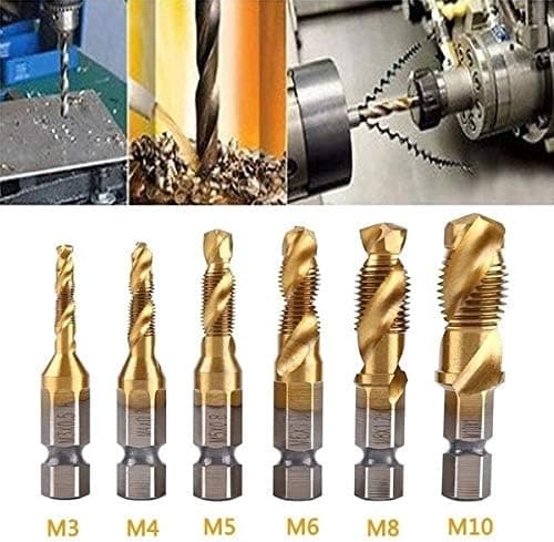 6 stk. M3-M10 Gjenge HSS Bor og Gjengetapper 1/4\" Hex Skaft