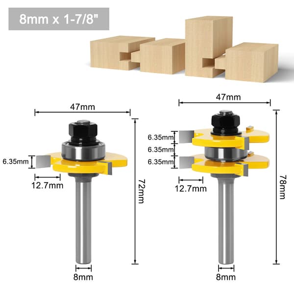 2 stk. 8MM Skaft Matchet Fer og Not Fræsersæt 3 Fløjte T Sha