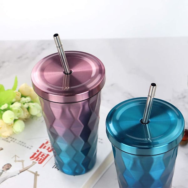 Drickmugg med sugrör rostfritt stål termisk kaffemugg för att ta med 500ml kaffekoppar för kvinnor, flickor och män