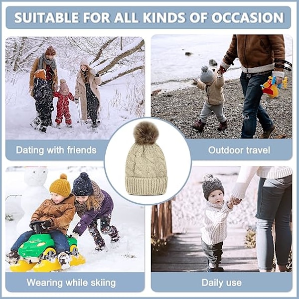 Barnmössa med Foder och Pom Pom för Barn - Slouchy Kabelstickad Mössa Skalle Mössa Baby Skidmössa för Flickor Pojkar CLT01 Khaki