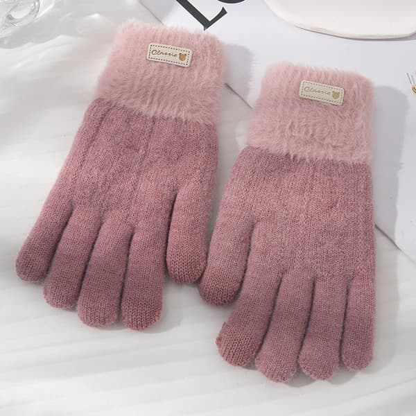 Dam Höst Vinter Handskar Dam Cykling Rader Varma Finger Solid Pekskärm Fleece Förtjockad Stickad pink