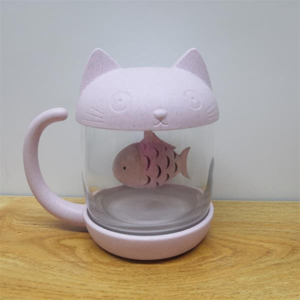UneMug 250ML Kattformad Tekopp i Glas med Fiskformad Tesil