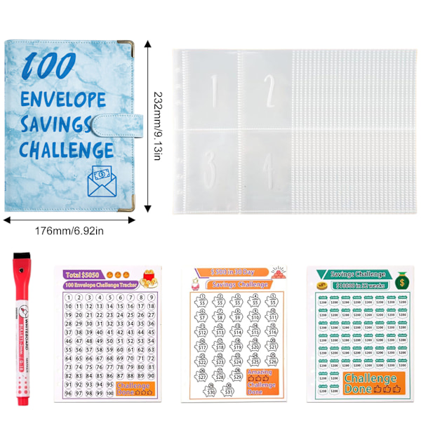 100 Kuvert Pengar Sparutmaning Flipchart med 100 Tydliga Kontantkuvert A5 Pengar Sparutmaning Flipchart Blue