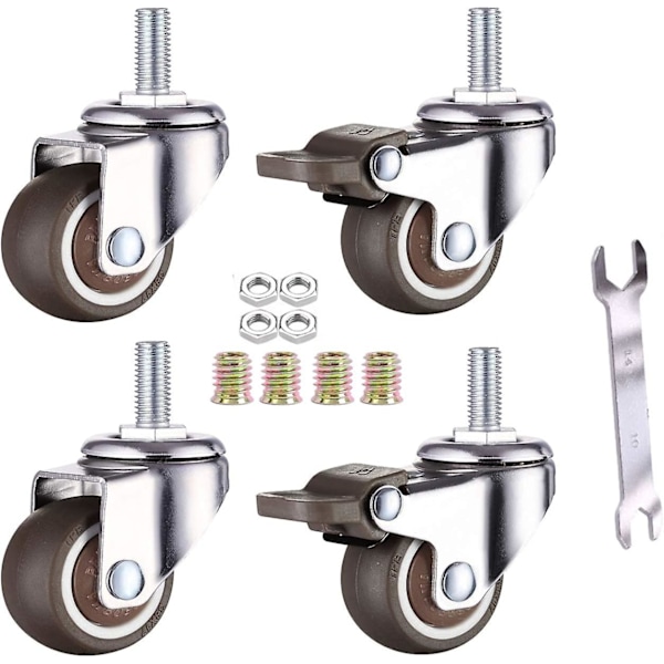 4-pack Små Möbelhjul 25mm Mjuka Tpe-Gummibågar M6 X 15mm Gänga (2st Med Broms) (25mm)