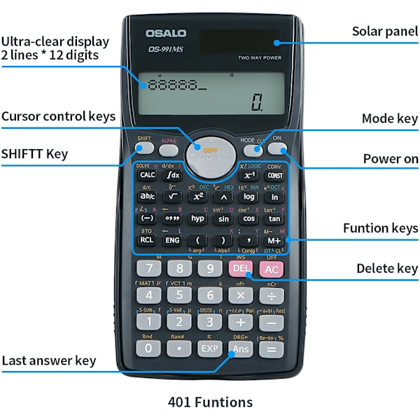 Vetenskaplig kalkylator 401 funktioner med fodral, LCD-kalkylatorer