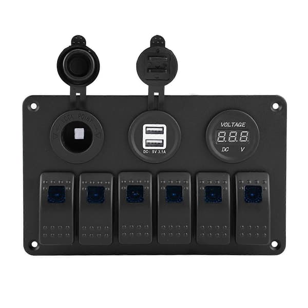 12V 24V 6-veis bilbåt LED vippebryterpanel Dobbel USB voltmeter sigarettenner blå