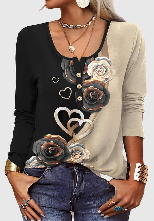 Langermet t-skjorte for kvinner, tunika, trykt bluse Heart Shape M