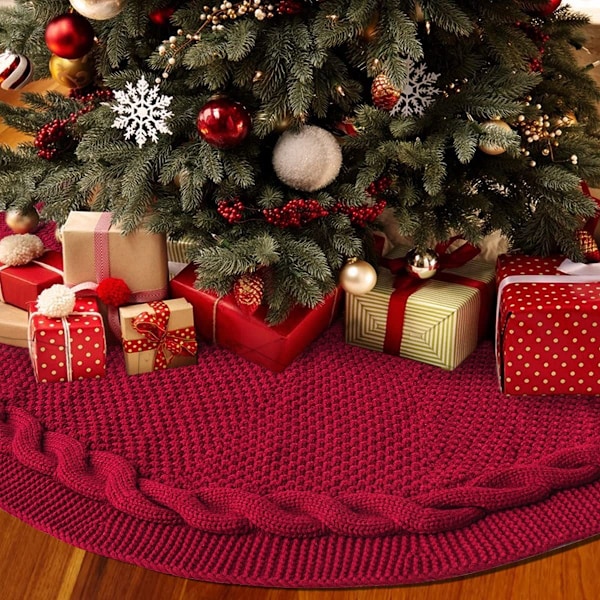 Stickad julgransmatta, julgransmatta, flätad kabelstickad tjock rustik julgransmatta (Burgundy) 92cm
