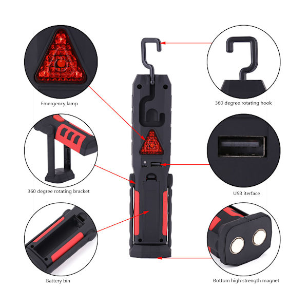 USB-laddningsbar COB LED-arbetslampa Nödficklampa