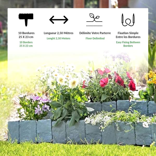 Paket med 10 - Steneffekt Trädgårdskanter Modul 25 x 10 CM - Grå
