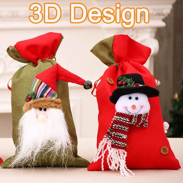 Julväskor med dragsko, 3D-designade julväskor i tyg för julfesttillbehör, 38 x 20 cm