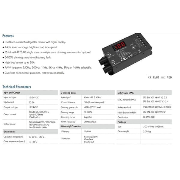 Dubbelratt konstant spänning LED-dimmer 1CHx20A trådlös fjärrkontroll numerisk display CV-kontroller V1-B